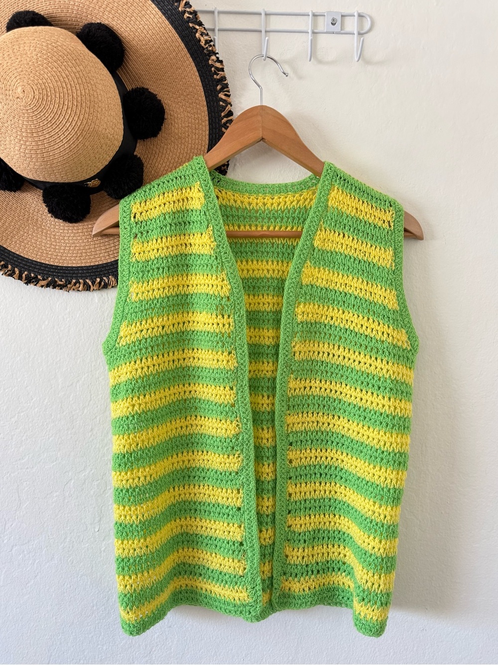 Hand Knit Green & Yellow Stripe Crochet Sweater Vest Open Front Cottagecore